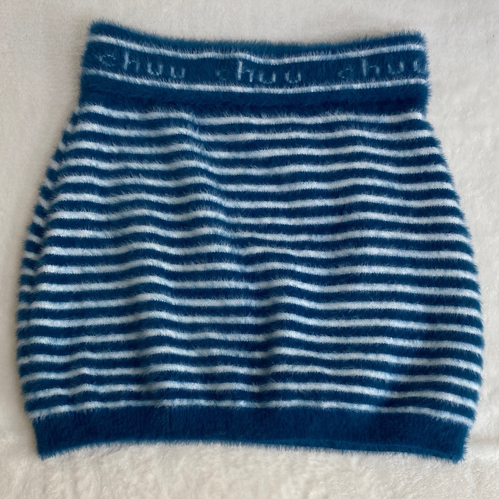 NWOT Chuu Blue and White Striped Fuzzy Mini Skirt Size S